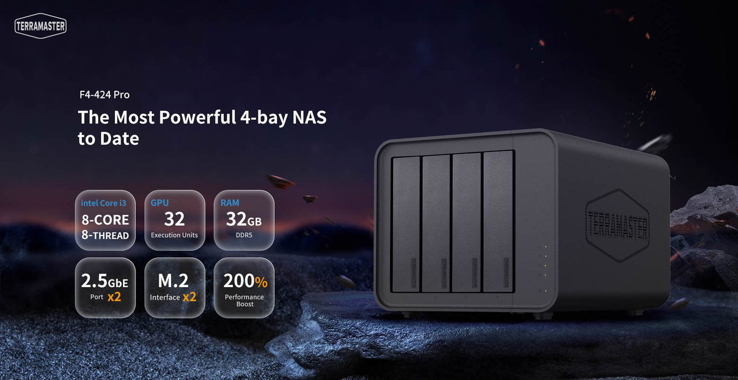 TERRAMASTER F4-424 Pro NAS 4ベイ Intel N305 CPU、32GB DDR5 RAM、2.5GbE LAN x 2、ネットワーク接続ストレージ、ビジネス向けピークパフォーマンス(ディスクレス)