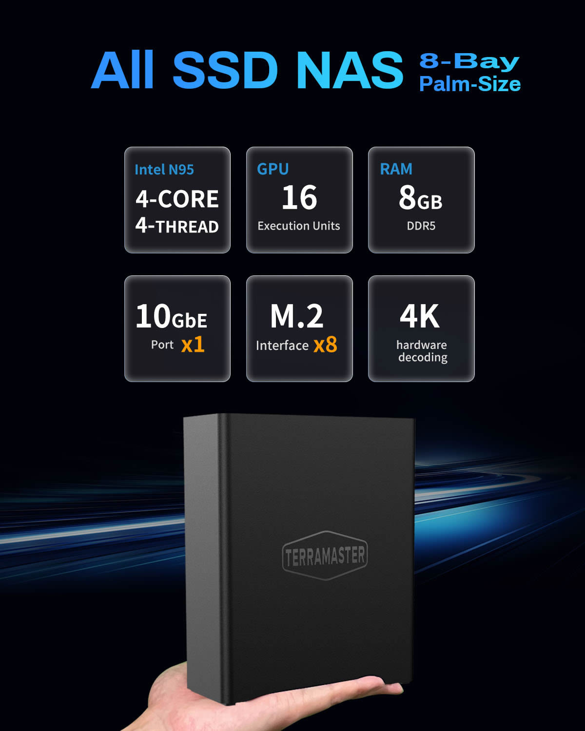 TERRAMASTER F8 SSD NAS-Speicher – 8Bay All-SSD-NAS-Server N95 QuadCore-CPU, 8 GB DDR5-RAM, 10-GbE-Anschluss, handflächengroßer, leistungsstarker Network Attached Storage (plattenlos)