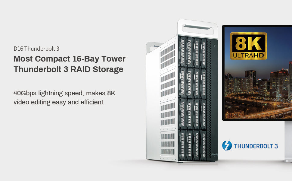 TERRAMASTER D16 Thunderbolt 3 (D16-331) 最もコンパクトなプロフェッショナルグレードの16ベイタワー型 Thunderbolt3 ハードウェア RAID エンクロージャ、RAID 0/1/5/6/10/50 外付けハードドライブ RAID ストレージ (ディスクレス) をサポート