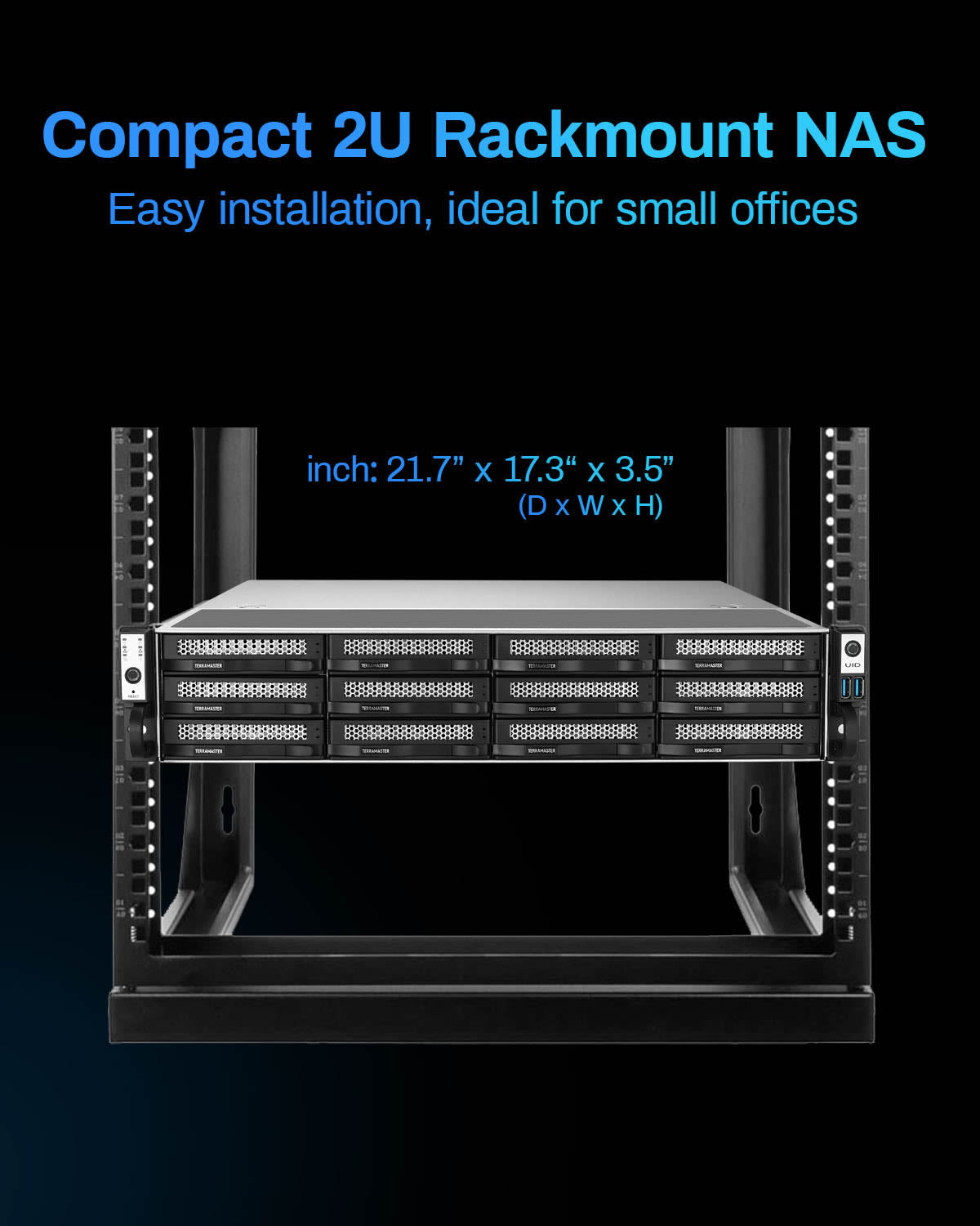 TERRAMASTER U12-500 Plus NASストレージ - 12ベイ Core i7 1255U 10コア 12スレッド CPU、16GB DDR5 RAM、デュアル10GbEポート、2Uラックマウント型ネットワーク接続ストレージ、ビジネス向けピークパフォーマンス (ディスクレス)